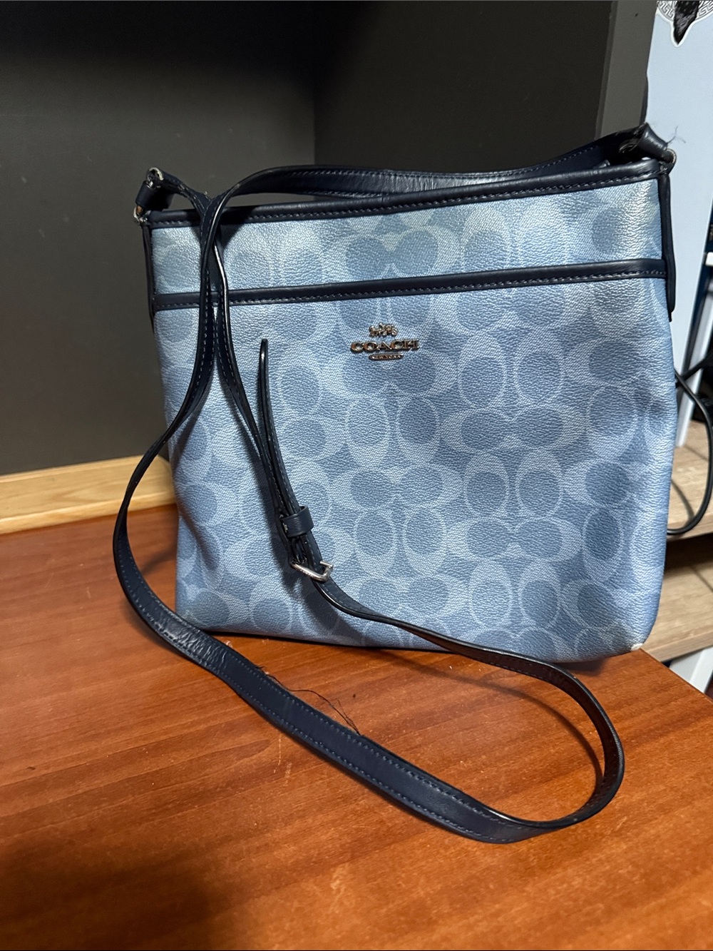 Coach Light Blue Signature Crossbody with Navy Trim